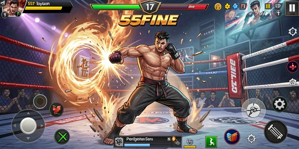 Tampilan screenshot utama 55FIVE menunjukkan pertarungan epik antar karakter.