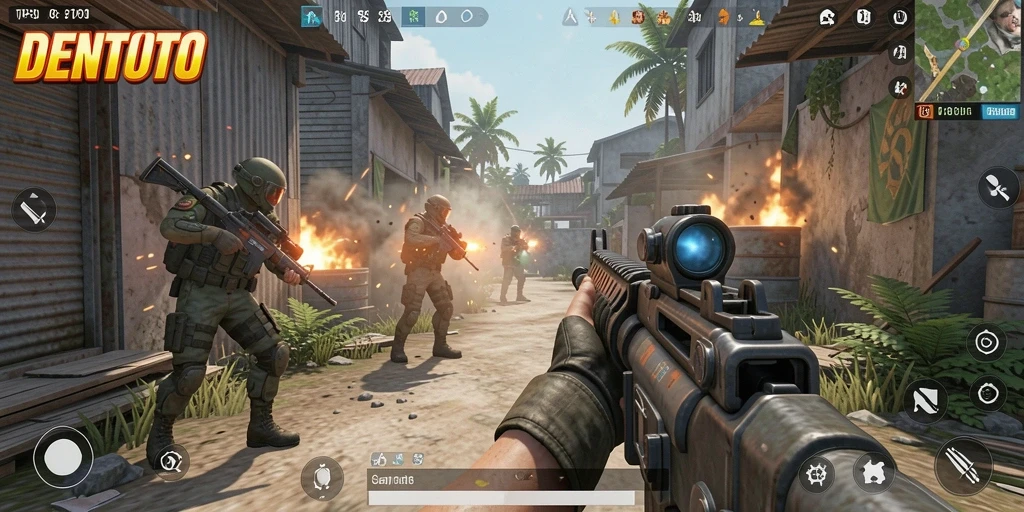 Tangkapan layar utama DENTOTO menunjukkan aksi gameplay intens dan grafis menawan.