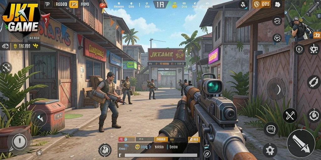 Gameplay JKTGAME yang penuh aksi dalam mode TPS.