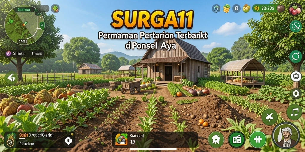 Tampilan gameplay seru di SURGA11 dengan kebun penuh tanaman.